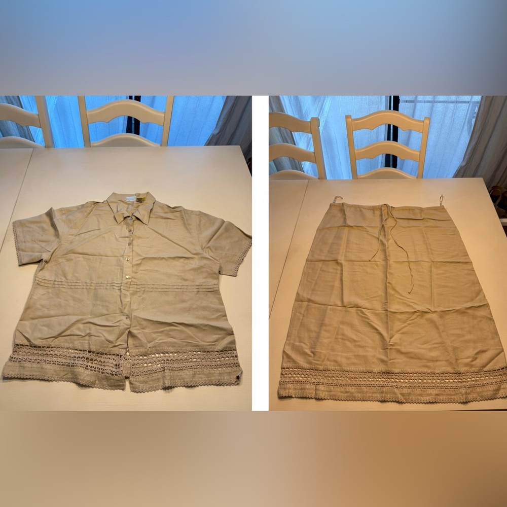 Sherry Taylor Collection Elegant Beige Skirt and Top Set with Lace Trim